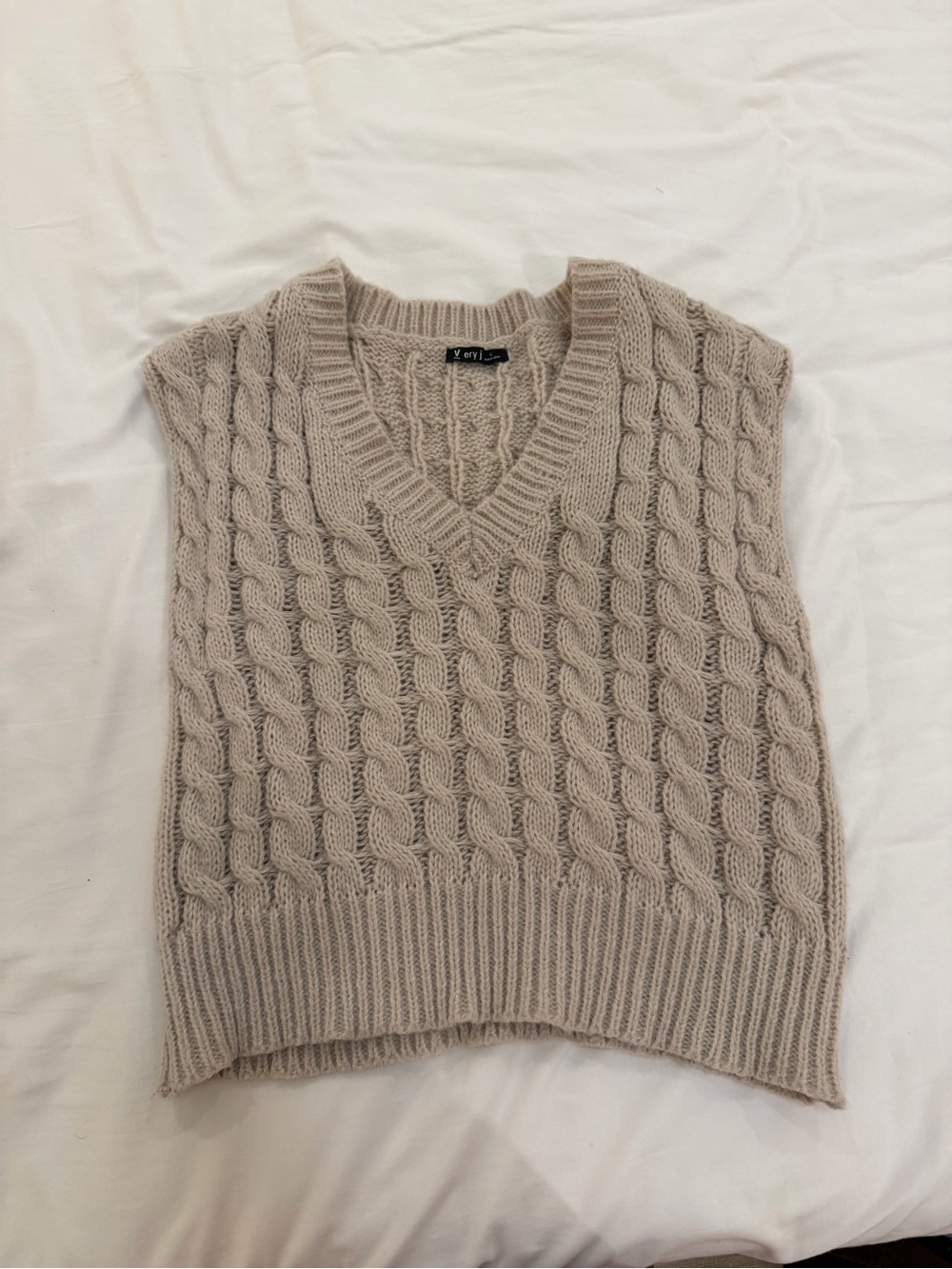 Cable Knit V-Neck Sweater Vest in Beige